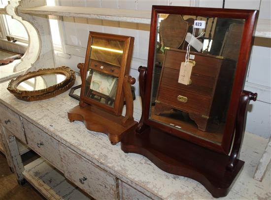 Two swing frame toilet mirrors, pair oval gilt mirrors & another small mirror